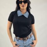 Дамска блуза от финно плетиво цвят черен с дънкова яка
